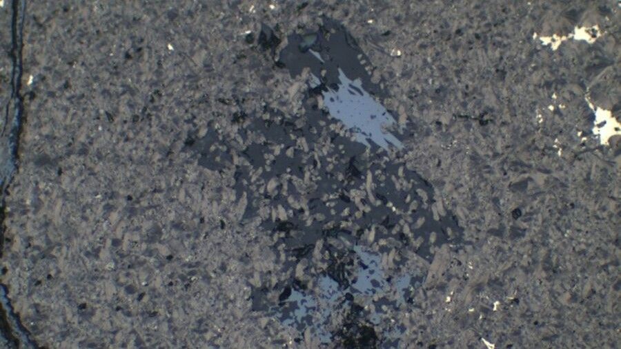 jasno szare ziarna kopernikitu we fluorapatycie ciemno szare w grafitowej strefie ze wrostkami troilitu jasne. fot. uniwersytet lski