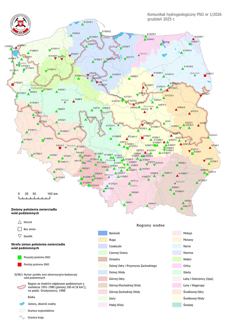 Mapa przestawiająca zmianę położenia zwierciadła wody podziemnej w objętych analizą punktach sieci obserwacyjno-badawczej wód podziemnych w grudniu 2025 r.
