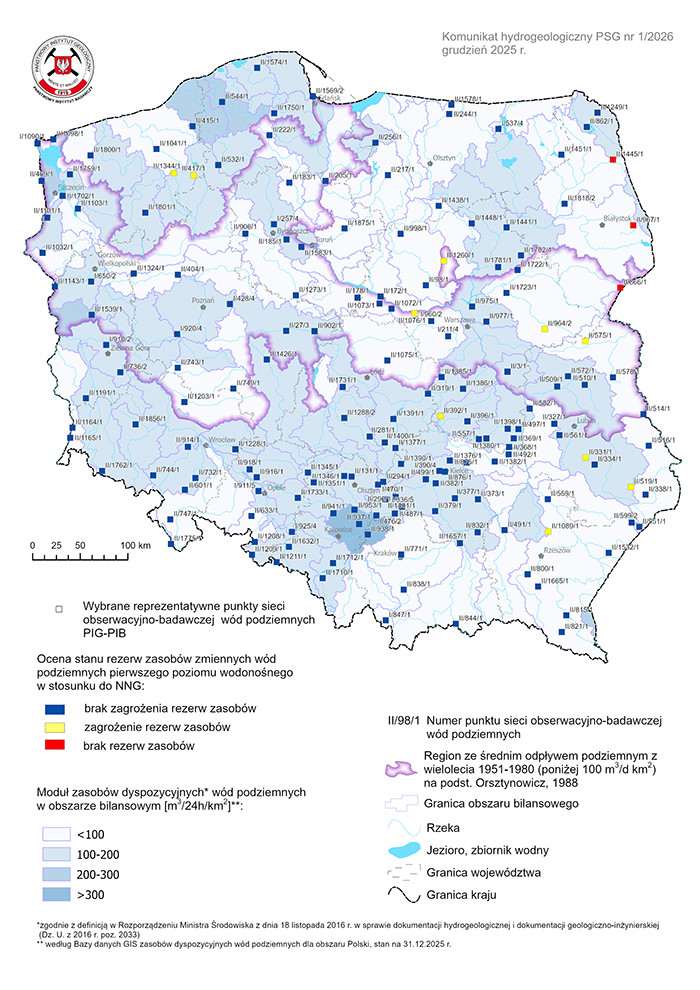 Mapa przestawiająca poziom rezerw zasobów wód podziemnych w grudniu 2025 r. w objętych analizą punktach sieci obserwacyjno-badawczej wód podziemnych