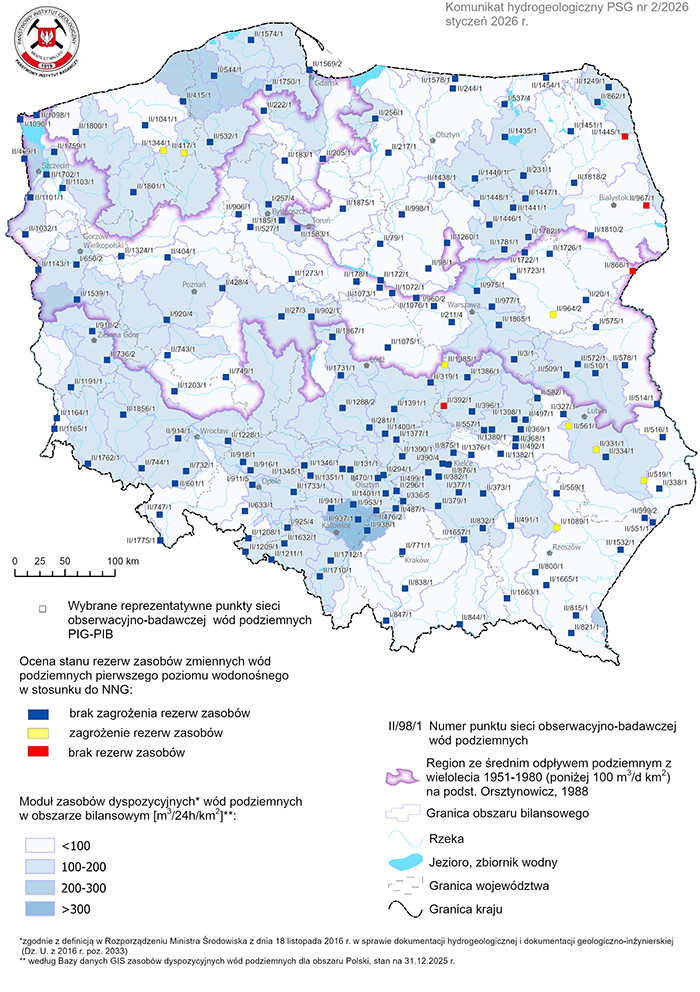 Mapa przestawiająca poziom rezerw zasobów wód podziemnych w styczniu 2026 r. w objętych analizą punktach sieci obserwacyjno-badawczej wód podziemnych