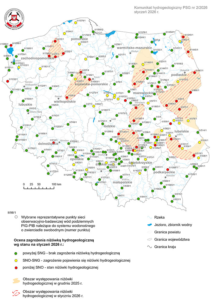 Mapa przedstawiająca ocenę zagrożenia niżówką hydrogeologiczną w styczniu 2025 r.