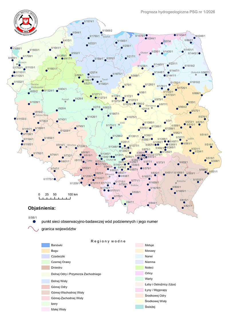 Mapa przedstawiająca lokalizację punktów sieci obserwacyjno-badawczej wód podziemnych, dla których wykonano symulacje rozwoju sytuacji hydrogeologicznej