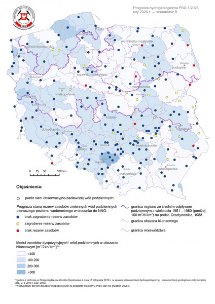 Mapa przedstawiająca prognozę poziomu rezerw wód podziemnych na luty 2026 r. według scenariusza B w odniesieniu do najniższego zaobserwowanego w wieloleciu położenia zwierciadła wód (NNG)