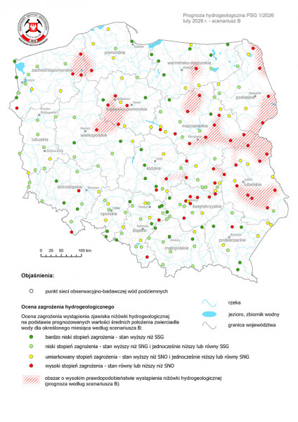 Mapa przedstawiająca prognozę zagrożeń wód podziemnych - występowanie niżówki hydrogeologicznej w okresie 1-28.02.2026 r. według scenariusza B