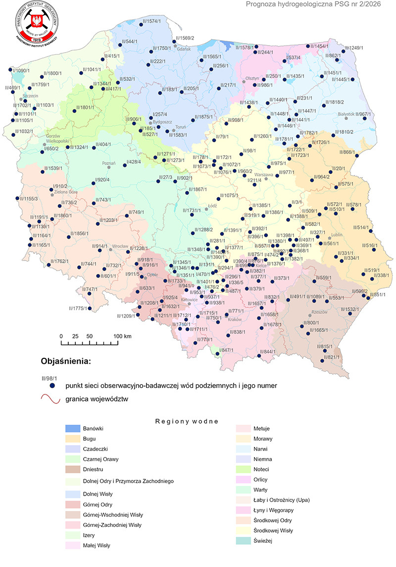 Mapa przedstawiająca lokalizację punktów sieci obserwacyjno-badawczej wód podziemnych, dla których wykonano symulacje rozwoju sytuacji hydrogeologicznej