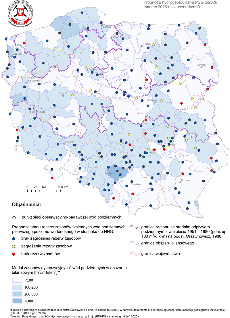 Mapa przedstawiająca prognozę poziomu rezerw wód podziemnych na marzec 2026 r. według scenariusza B w odniesieniu do najniższego zaobserwowanego w wieloleciu położenia zwierciadła wód (NNG)