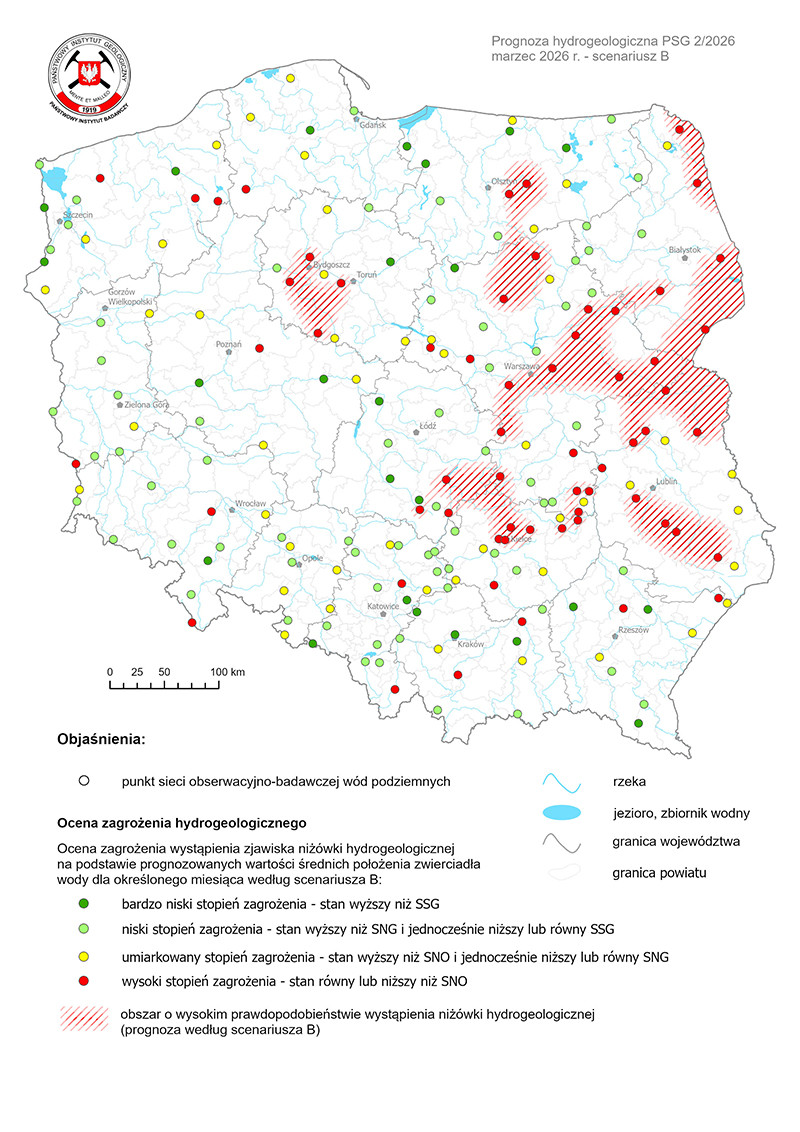 Mapa przedstawiająca prognozę zagrożeń wód podziemnych - występowanie niżówki hydrogeologicznej w okresie 1-31.03.2026 r. według scenariusza B